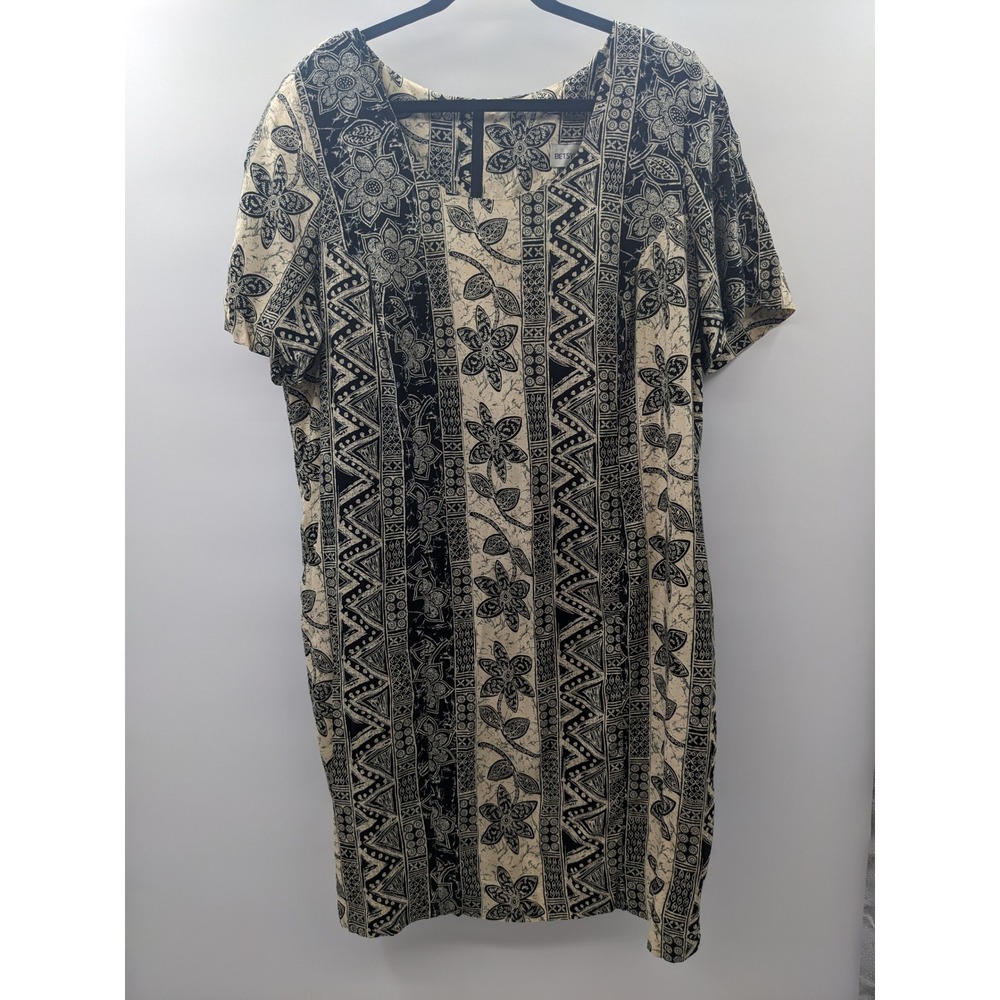 Vintage 90s Betsy's Things Tunic Dress Plus Size 20 Black Tan Batik Boho Rayon